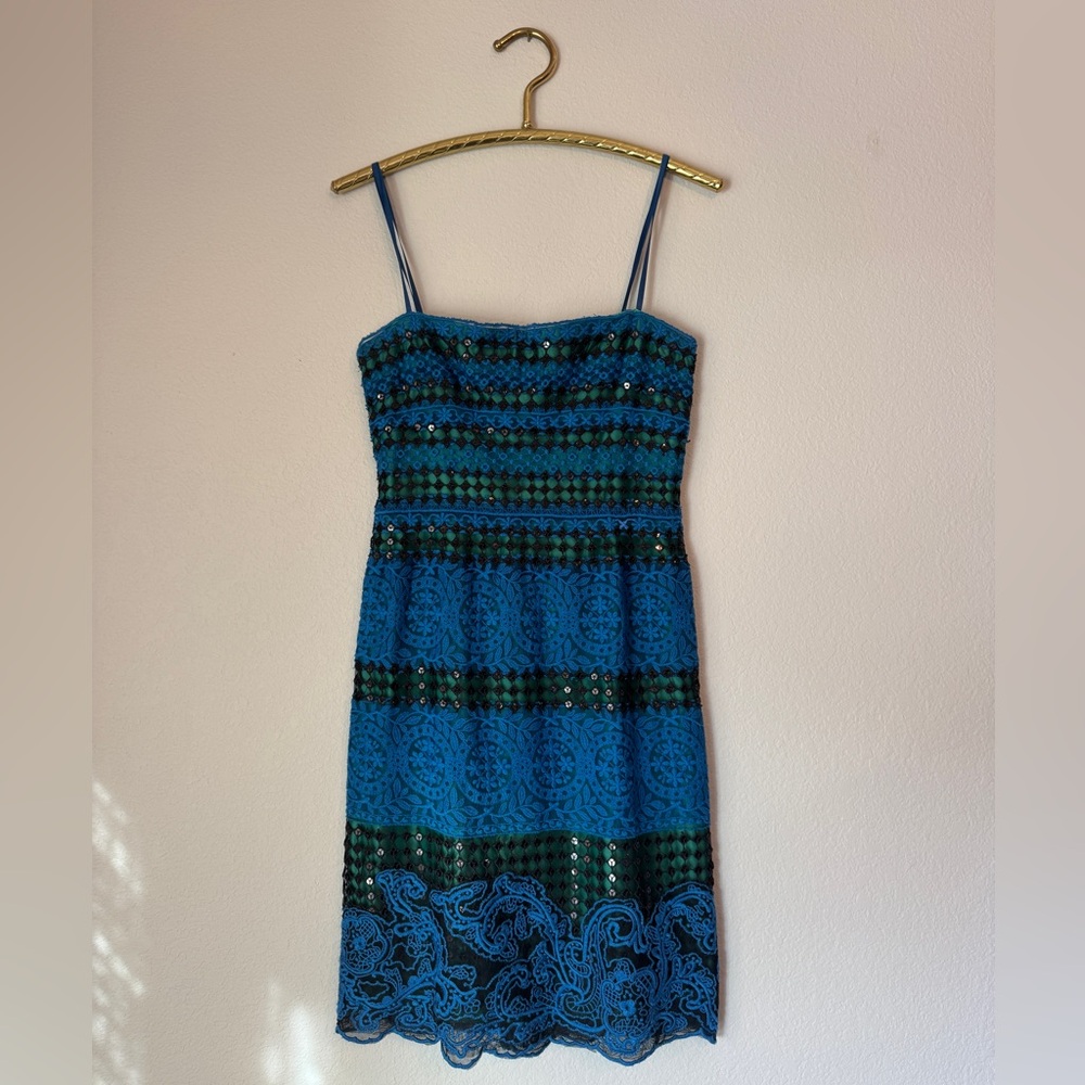 BCBGMaxAzria - Blue, black & emerald sparkle cocktail strapless dress - Size 4